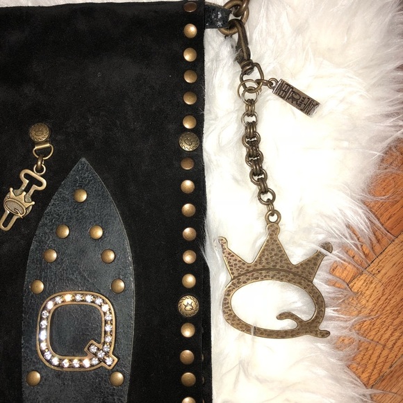 SAVE THE QUEEN Black Suede Studded Lucite Beads Strap Crossbody Bag Keychain - Picture 3 of 8
